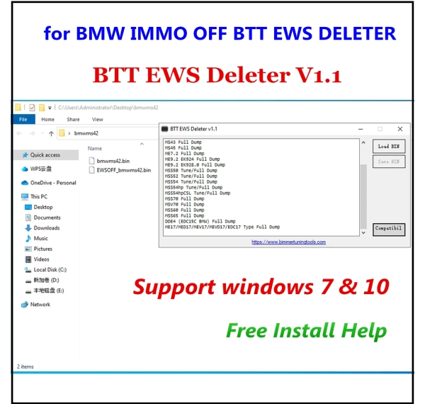 BTT EWS DELETER V1.1 cho BMW IMMO OFF BTT EWS DELETE hỗ trợ MS41 MS42 MS43 MS45 ME7.2 ME9.2 MSS54 ME17/MED17/MEV17/MEVD17/EDC17